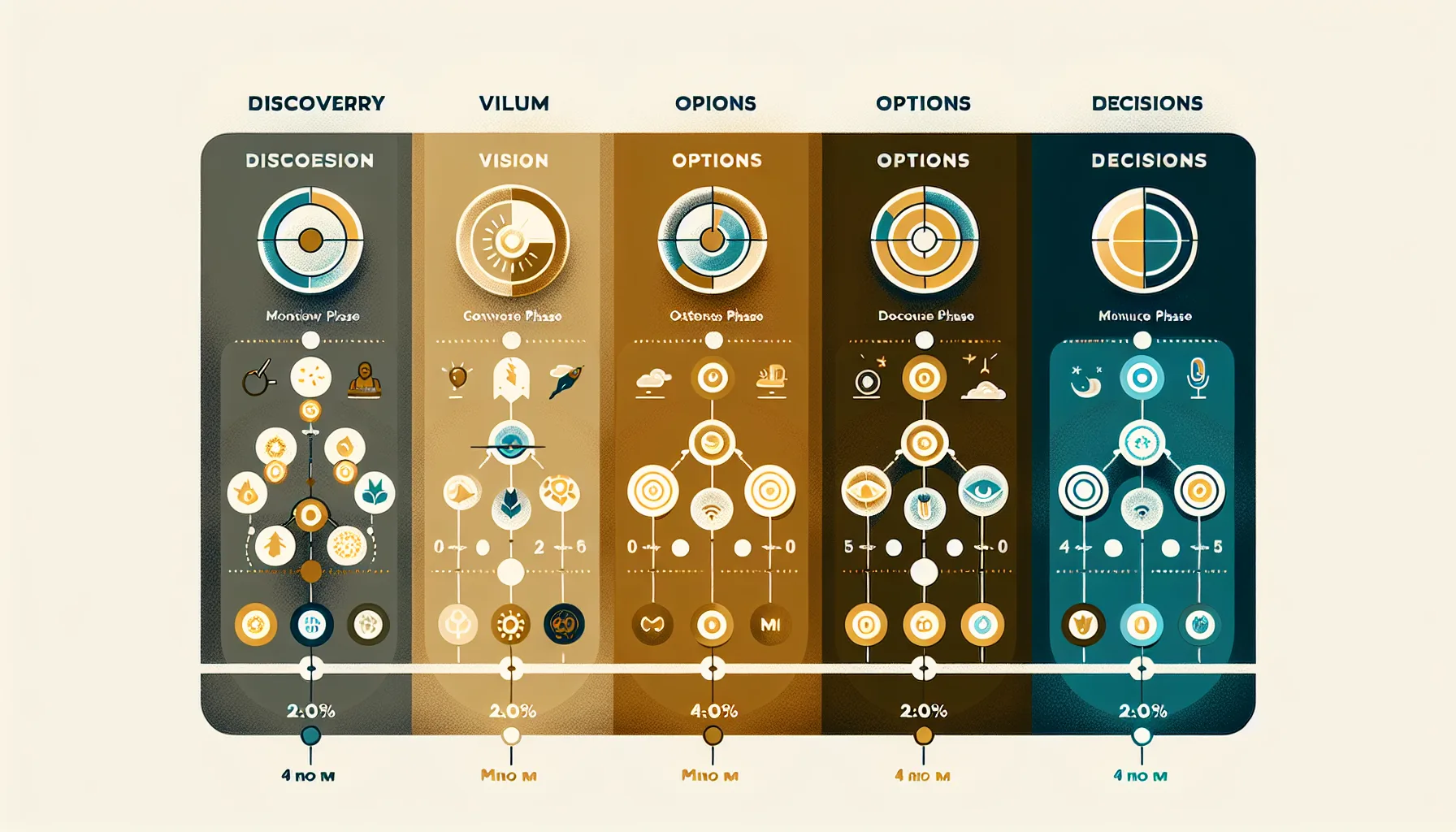 Infographic showing four phases of the value-first conversation framework: Discovery, Vision, Options, and Decisions