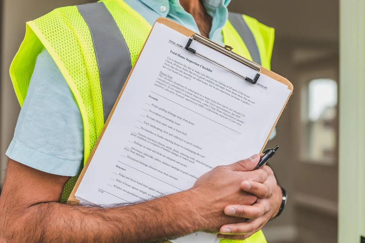 Close-up of inspector holding a compliance checklist on a clipboard