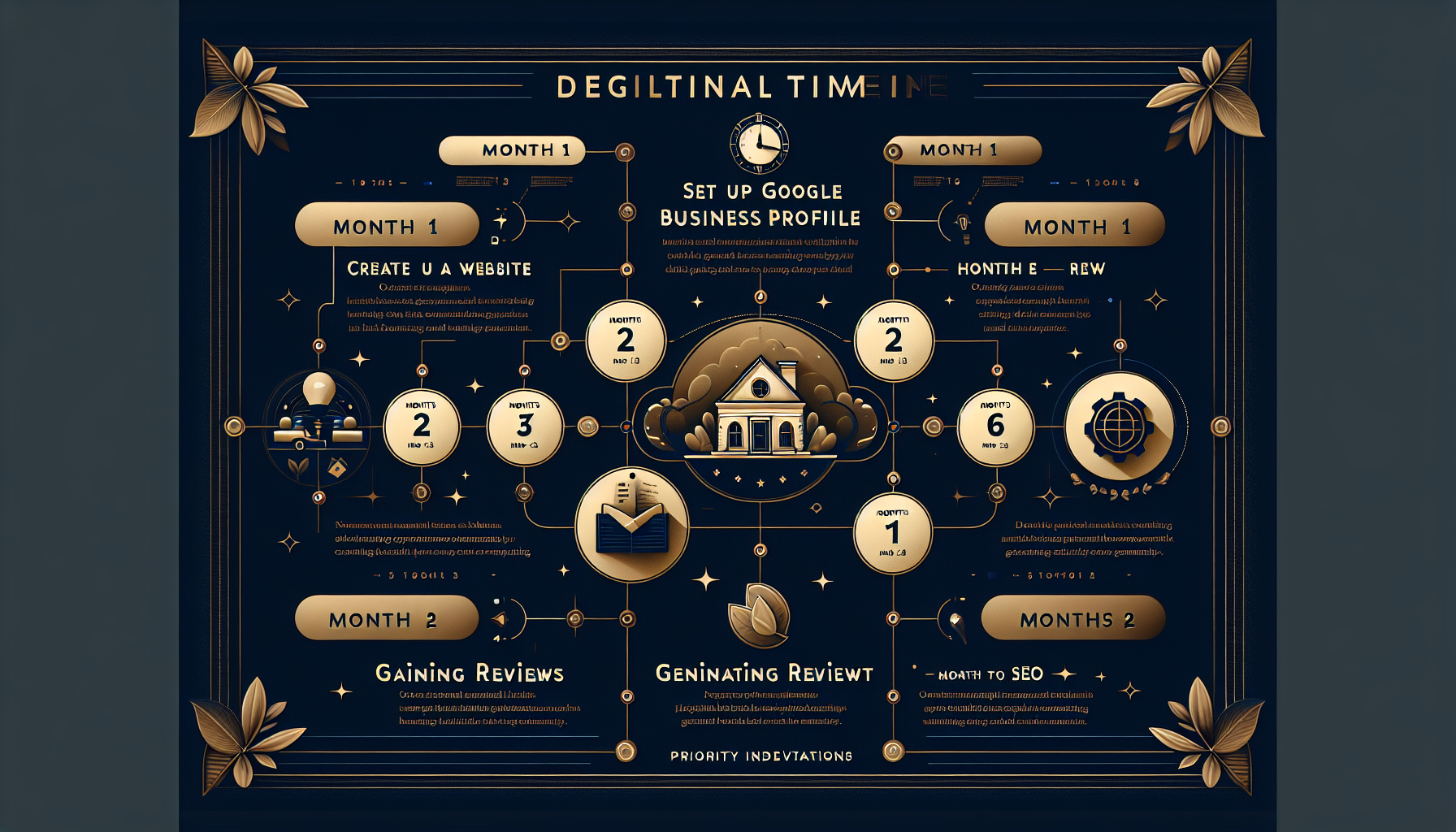 First-year digital marketing timeline showing five overlapping phases from Google Business Profile through content strategy