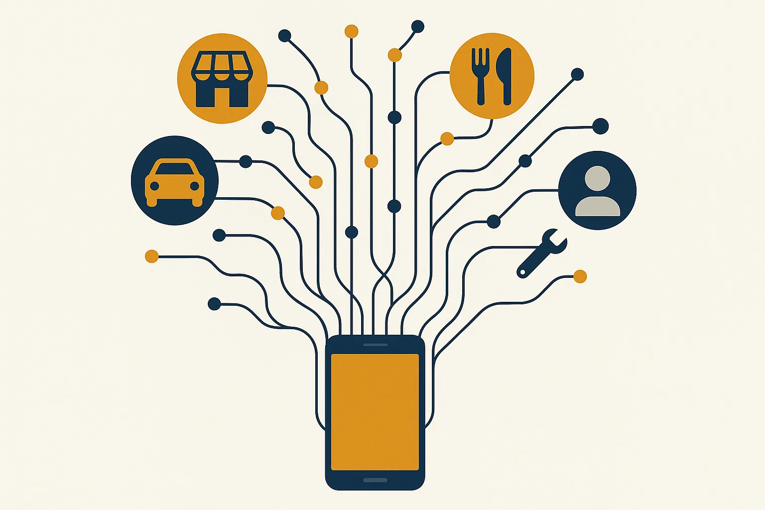 Abstract illustration of digital pathways connecting consumers to service providers through platform intermediation