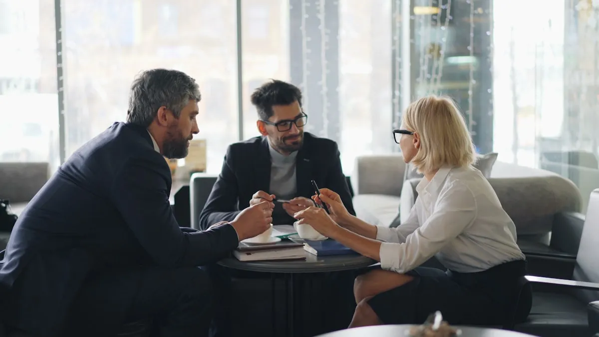 Business professionals in formal attire at a conference meeting