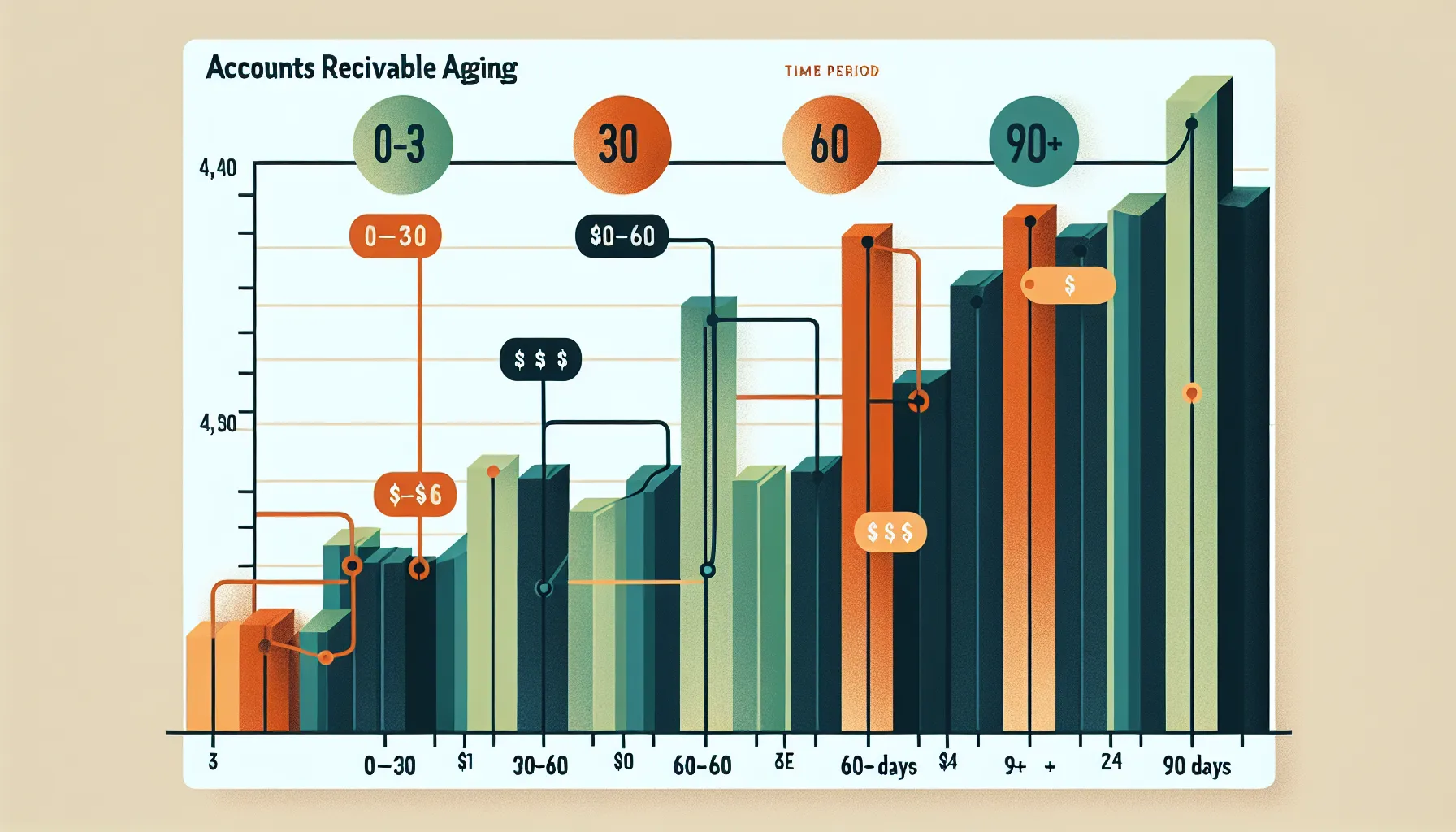 Accounts receivable aging chart infographic showing time-period buckets from green to red